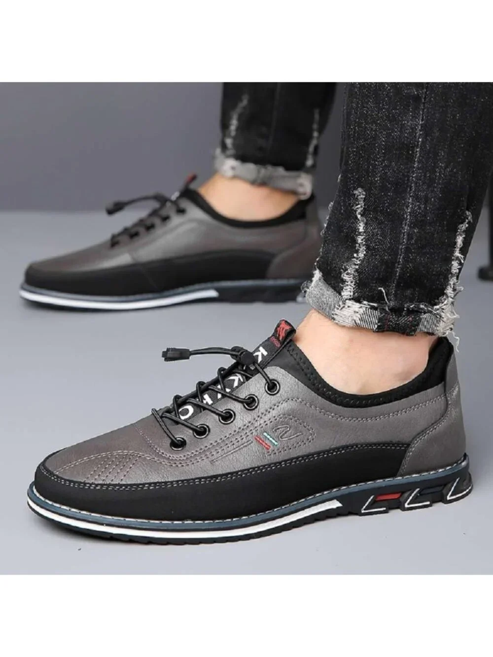 Men's Grey Textured Pebbled Leather Lace-up Pointed Toe Driving Loafers Shoes